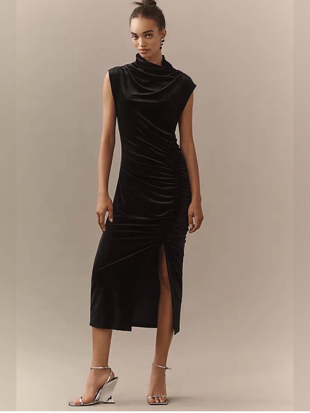 Anthropologie Maya Black Sleeveless Ruched Midi Dress with Cowl Neck